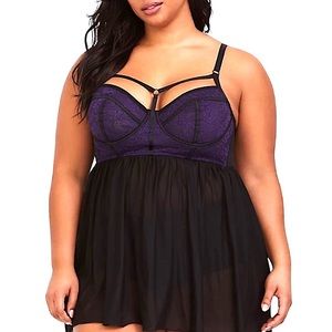 torrid Black and Royal Purple Lace Corset Babydoll Nighty Lingerie Size 0 / L